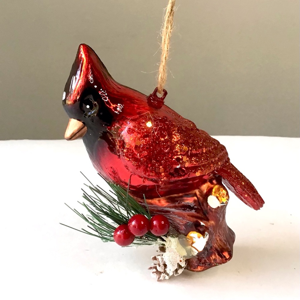 Cardinal Bird Glass Christmas Ornament 5” Pine Branch Berries Jute Hanger